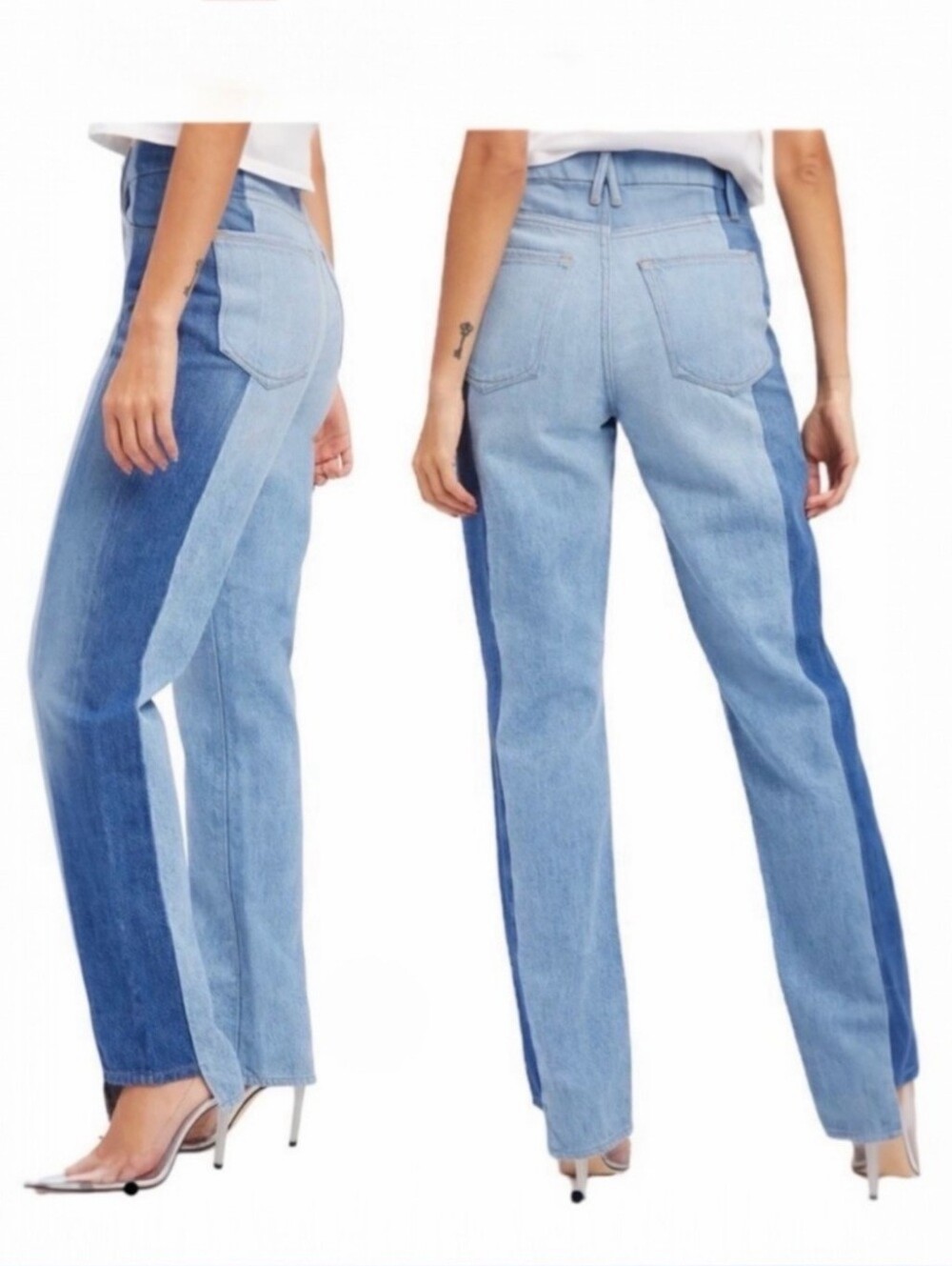 $198 Good American Good Boy Two Tone Step Hem High Waist Boyfriend Jeans